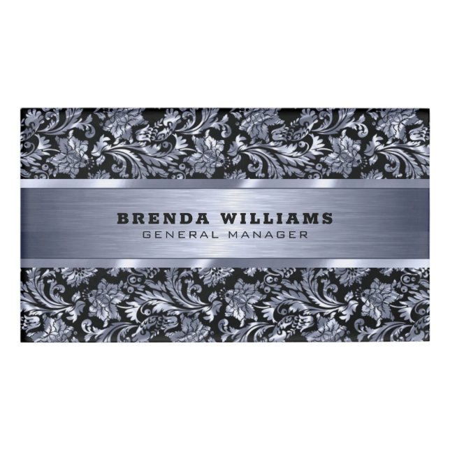 Metallic blue tint damasks and brushed aluminium name tag (Front)