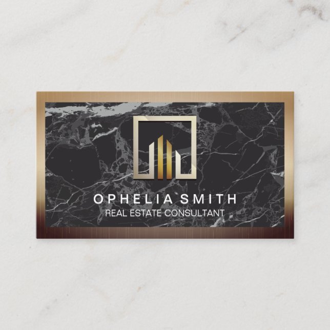 Metallic Border | Black Marble Background Business Card (Front)