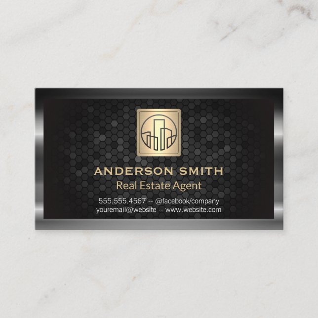 Metallic Border | Gold Building Icon | Geometric Business Card (Front)