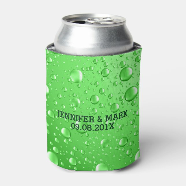 Metallic Bright Green Abstract Rain Drops Can Cooler (Can Front)