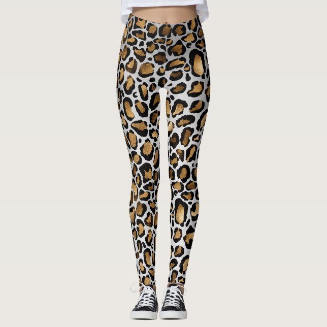Metallic Bronze & Black Leopard Spots on White Leggings (Front)