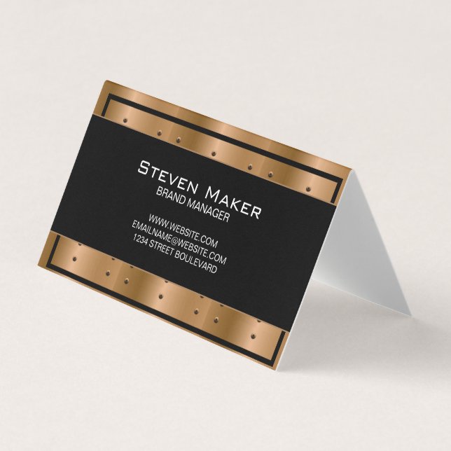 Metallic Bronze with Rivets | Black Border Business Card (Front)
