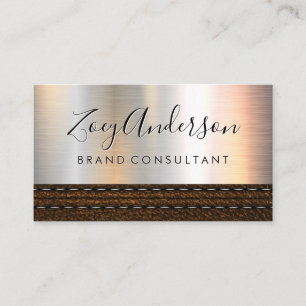 Metallic Brush Background Brown Leather Business Card