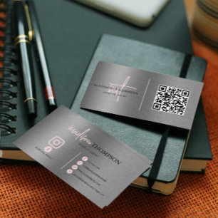 Metallic Brush Steel Silver Script Pink QR Code Business Card