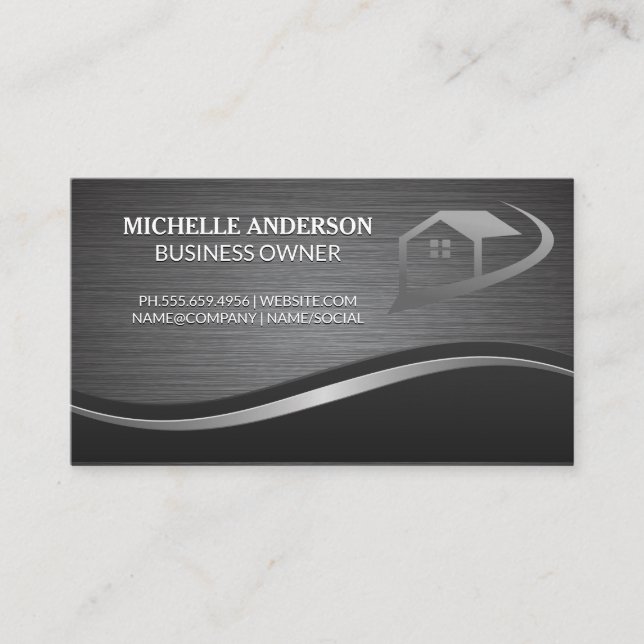 Metallic Brushed and Wave Background | Real Estate Business Card (Front)