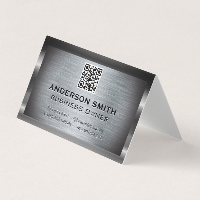 Metallic Brushed Background |  QR Code Business Card (Front)
