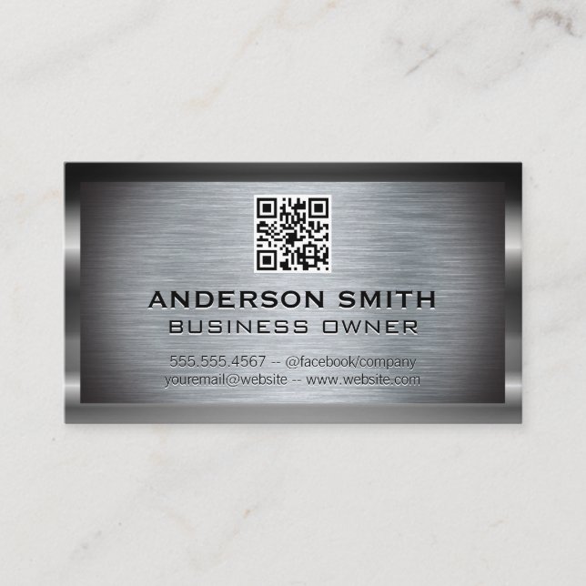 Metallic Brushed Background |  QR Code Business Card (Front)