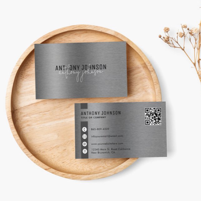 Metallic Brushed Steel Minimalist Simple QR Code Business Card (Creator Uploaded)