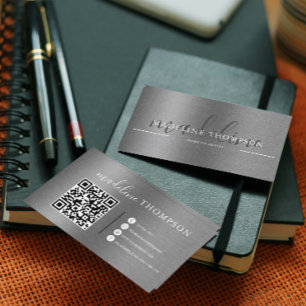 Metallic Brushed Steel Silver Script Qr Code Business Card