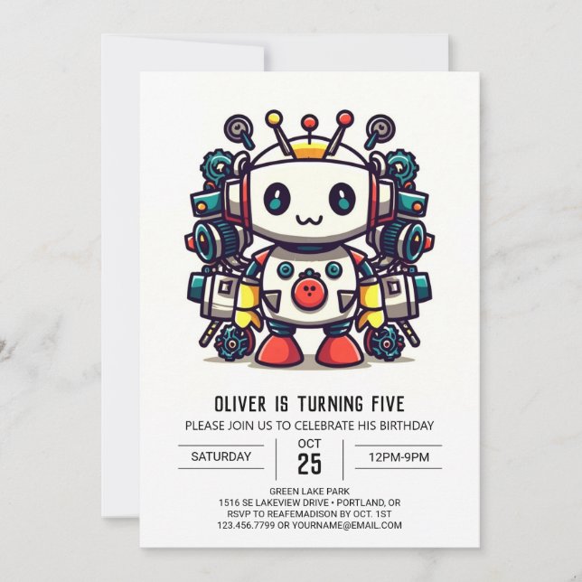 Metallic Builder Robot Birthday Invitation (Front)