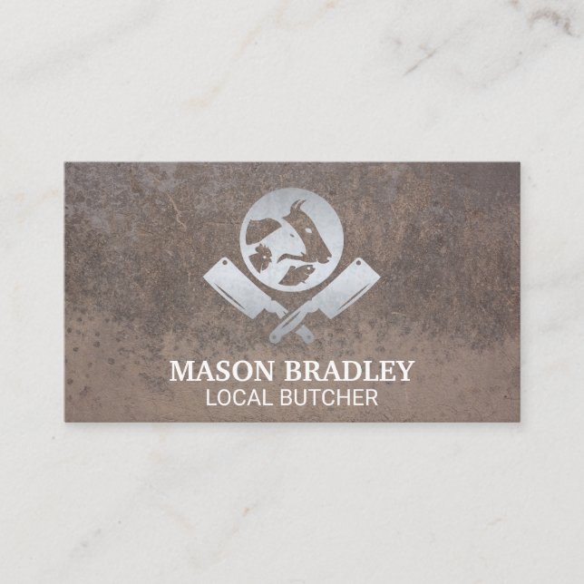 Metallic Butcher Logo | Grunge Background Business Card (Front)
