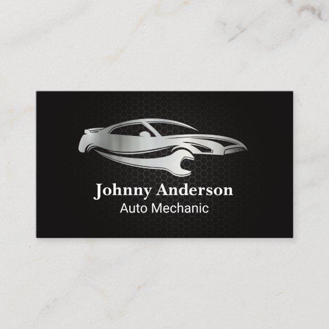 Metallic Carbon Fibre Pattern | Car Wrench Logo Business Card (Front)