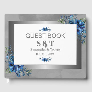 Metallic Celestial Blue Blossoms Wedding  Guest Book