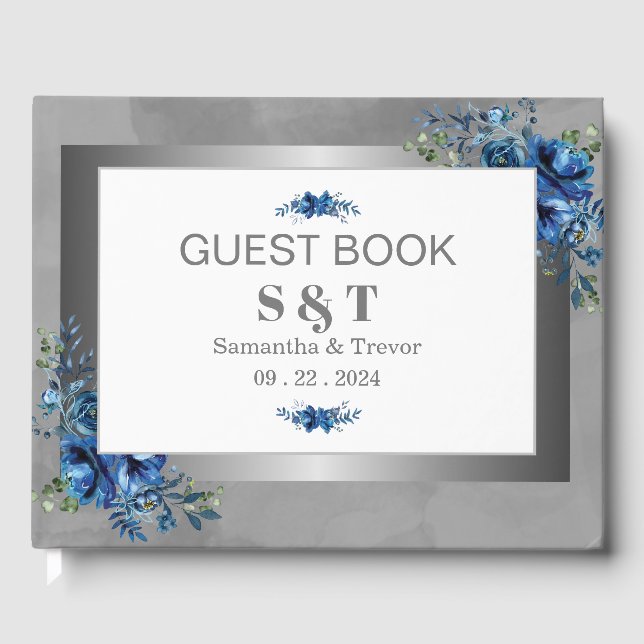 Metallic Celestial Blue Blossoms Wedding  Guest Book (Front)