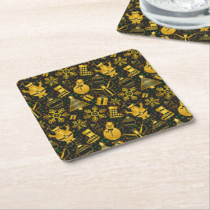 Metallic Christmas Collage Square Paper Coaster