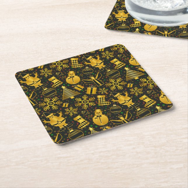 Metallic Christmas Collage Square Paper Coaster (Angled)
