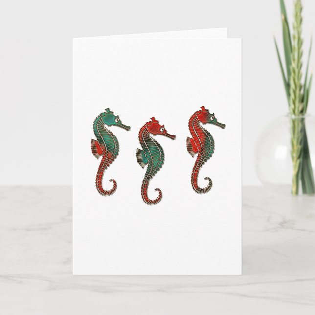 Metallic Christmas Seahorse Trio Holiday Card (Front)