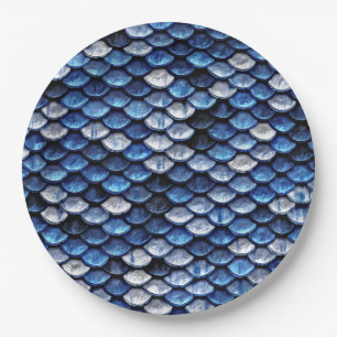 Metallic Cobalt Blue Fish Scales Pattern Paper Plate