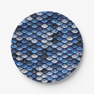 Metallic Cobalt Blue Fish Scales Pattern Paper Plate