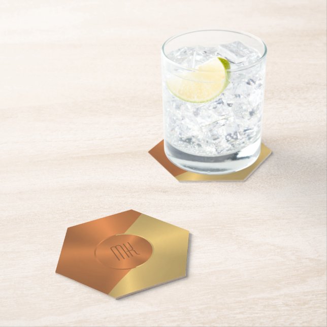 Metallic coper and gold texture geometric design paper coaster (Insitu)