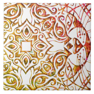 Metallic Copper Look Cat Art Cool Mandala Ceramic Tile