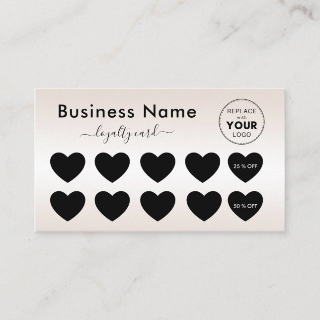 Metallic Cream Gradient Heart Add Your Logo Beauty Loyalty Card (Front)