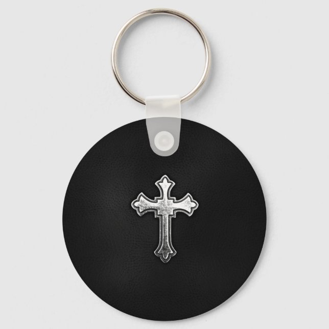 Metallic Crucifix on Black Leather Key Ring (Front)