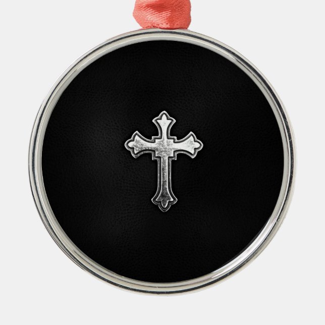 Metallic Crucifix on Black Leather Metal Tree Decoration (Front)