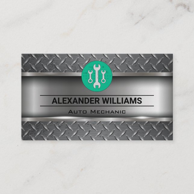 Metallic Diamond Steel | Wrenches Logo | Mechanic Business Card (Front)