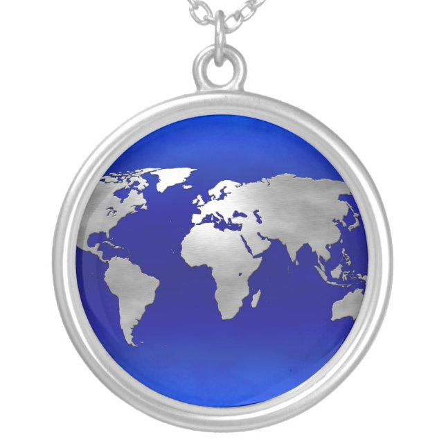 Metallic Earth Map Silver Plated Necklace (Front)