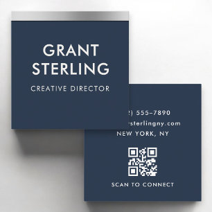 Metallic Elegant Navy Blue QR Code Professional Square Business Card