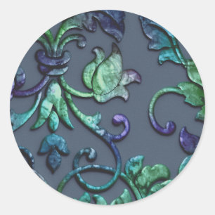Metallic Embossed Look Damask Blue and Green Classic Round Sticker
