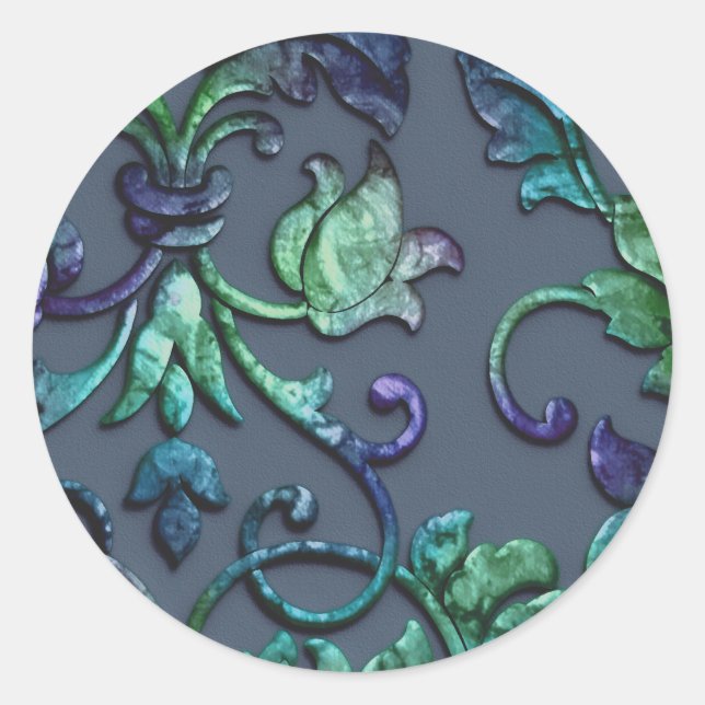 Metallic Embossed Look Damask Blue and Green Classic Round Sticker (Front)