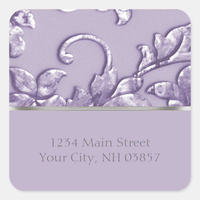 Metallic Embossed Look Damask in Lavender Square Sticker (Front)