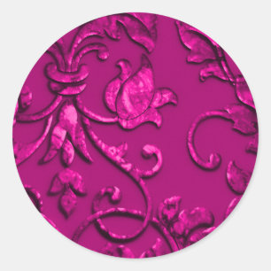 Metallic Embossed Look Damask in Magenta Classic Round Sticker