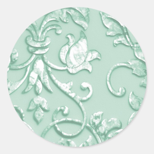 Metallic Embossed Look Damask in Mint Green Classic Round Sticker (Front)