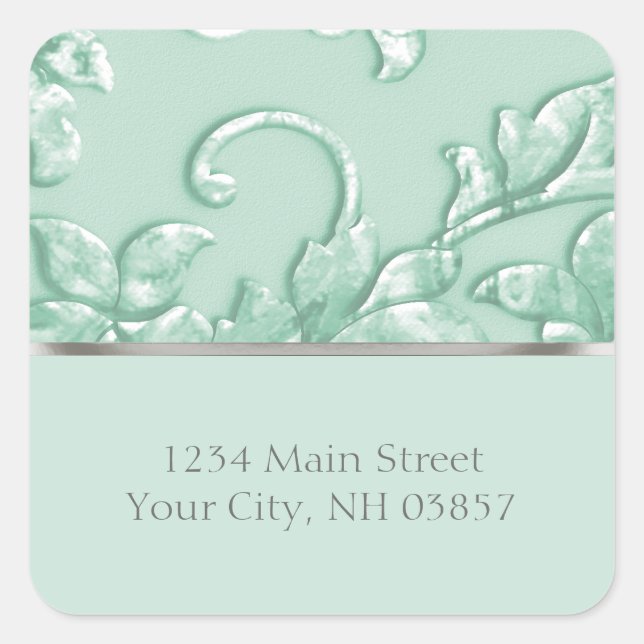 Metallic Embossed Look Damask in Mint Green Square Sticker (Front)