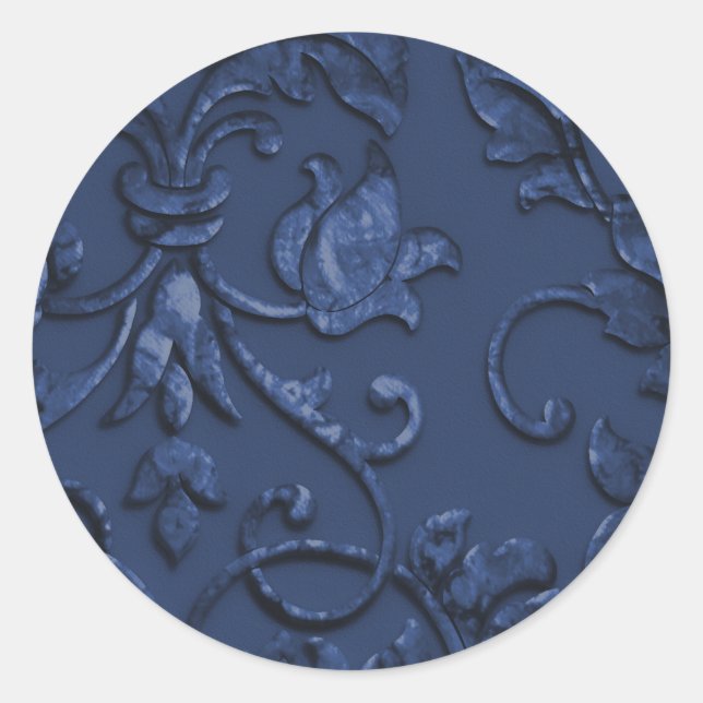 Metallic Embossed Look Damask in Navy Blue Classic Round Sticker (Front)
