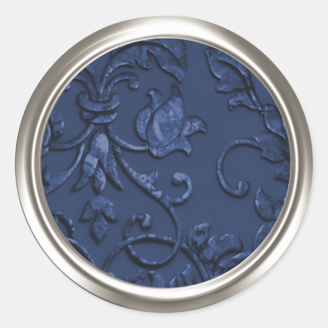 Metallic Embossed Look Damask in Navy Blue Classic Round Sticker (Front)