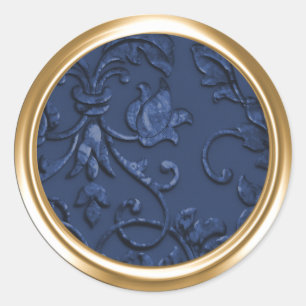 Metallic Embossed Look Damask in Navy Blue Classic Round Sticker