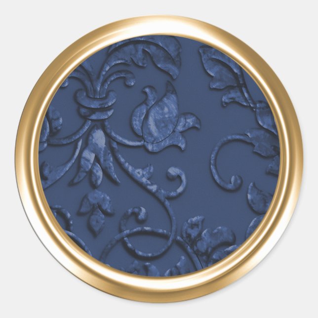 Metallic Embossed Look Damask in Navy Blue Classic Round Sticker (Front)