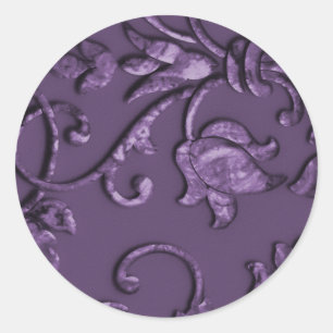 Metallic Embossed Look Damask in Plum Classic Round Sticker