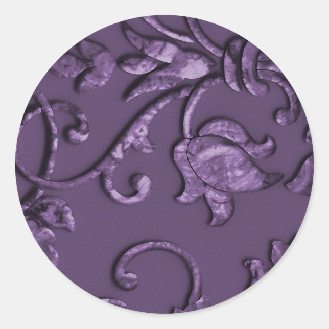 Metallic Embossed Look Damask in Plum Classic Round Sticker (Front)