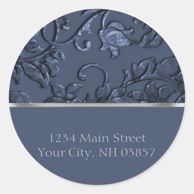 Metallic Embossed Look Damask in Slate Blue Classic Round Sticker (Front)