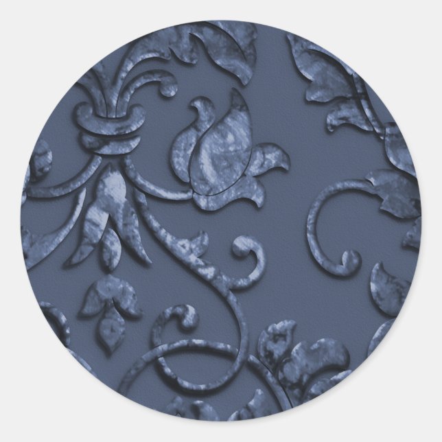 Metallic Embossed Look Damask in Slate Blue Classic Round Sticker (Front)