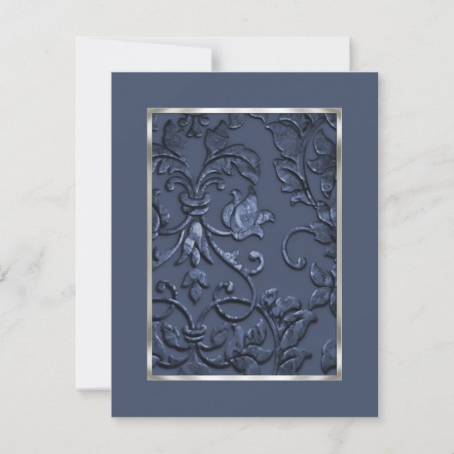 Metallic Embossed Look Damask in Slate Blue Save The Date (Front)