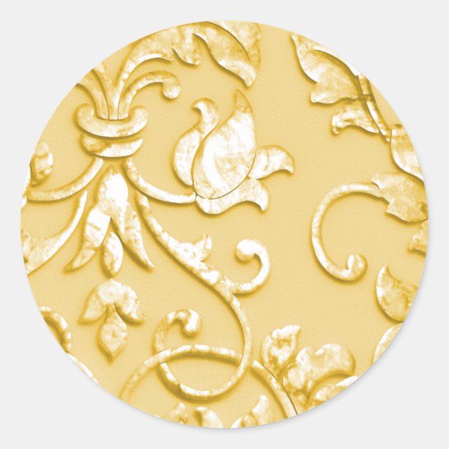 Metallic Embossed Look Damask in Yellow Classic Round Sticker (Front)