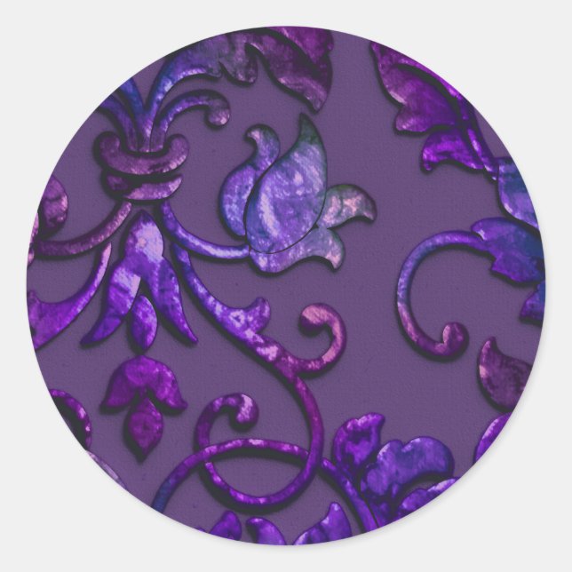 Metallic Embossed Look Damask Plum Multi Classic Round Sticker (Front)