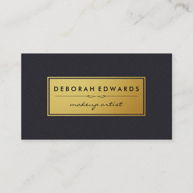Metallic Faux Gold Label and Leather Business Card (Front)
