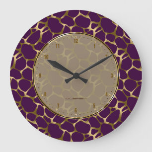 Metallic Faux Gold & Purple Leopard Print Large Clock